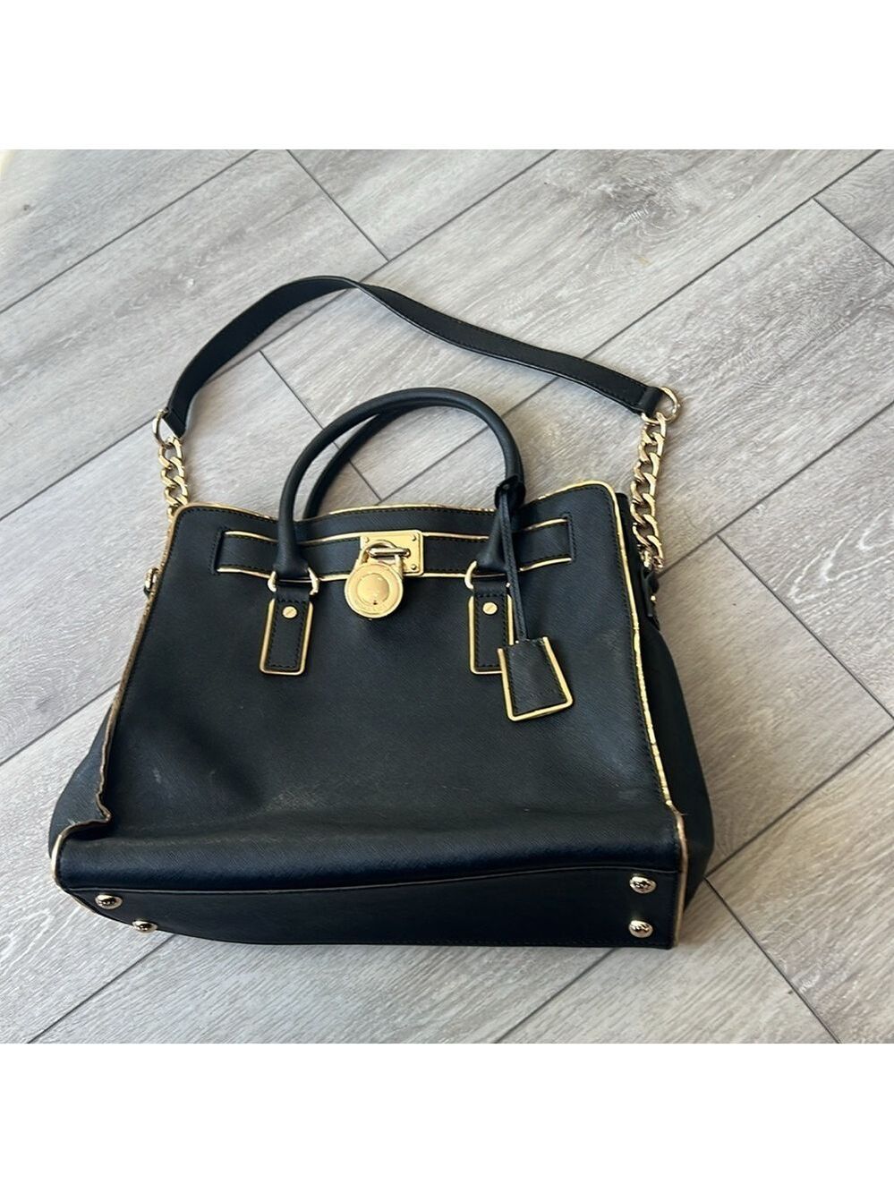 Michael Kors Black Leather Hamilton satchel Handbag with chain strap - Picture 2 of 12